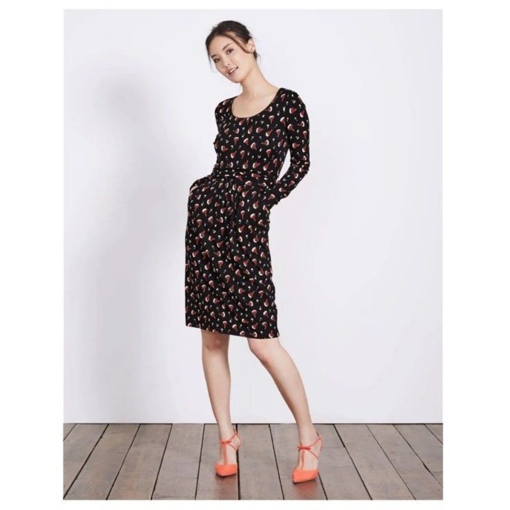 Boden Black Midi Dress with Coral & Cream Leaf Print